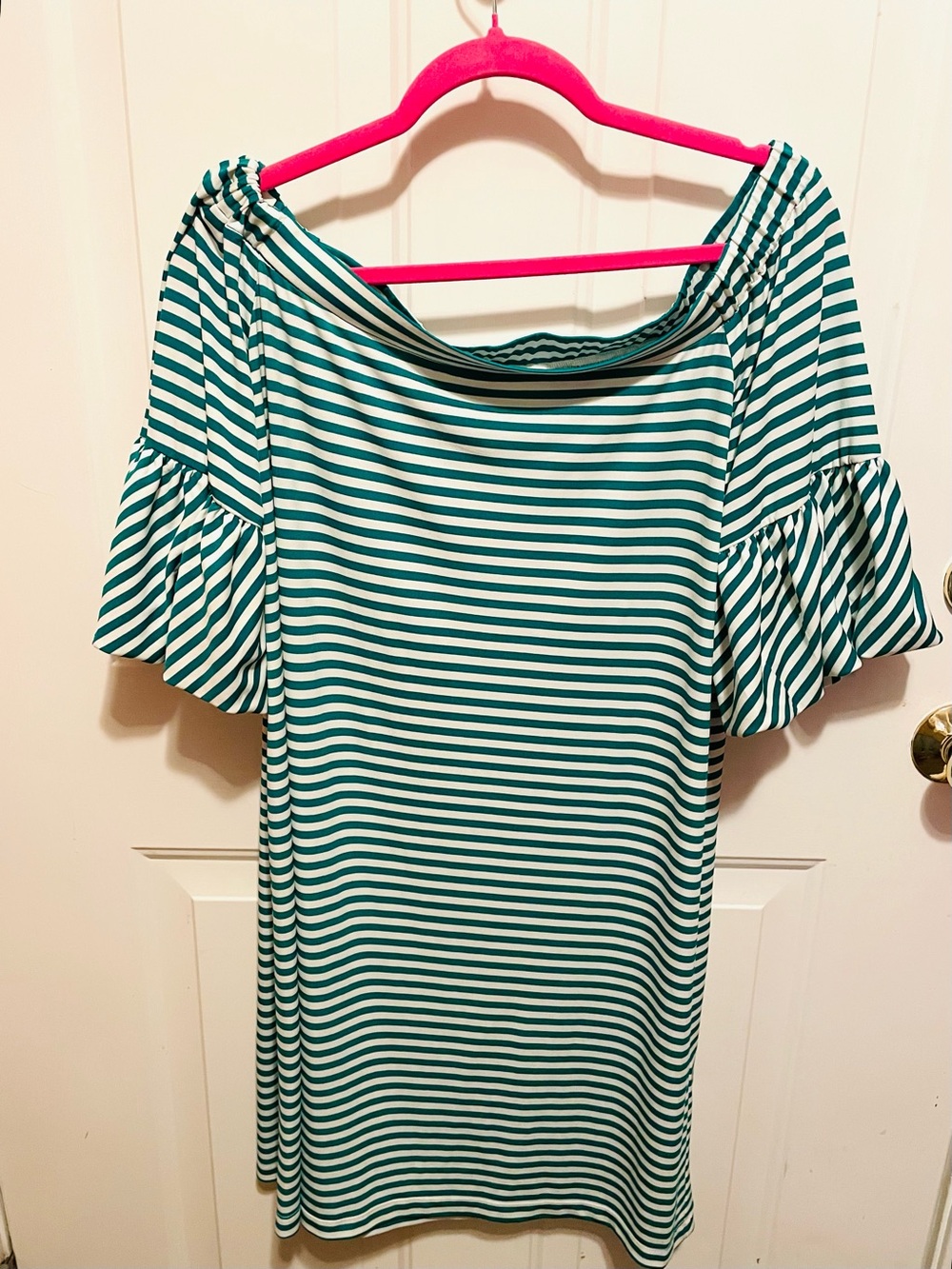 Striped Off-Shoulder Ruffle Sleeve Dress - Green & White